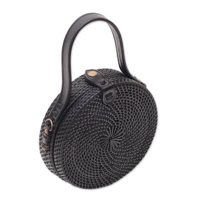 Alternate image for Black Round Woven Bamboo Shoulder Bag or Handbag Pitch Black