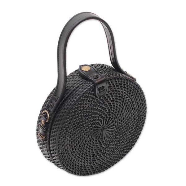 Alternate image for Black Round Woven Bamboo Shoulder Bag or Handbag Pitch Black