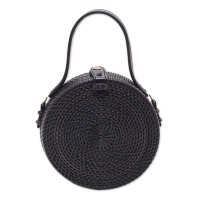 Alternate image for Black Round Woven Bamboo Shoulder Bag or Handbag Pitch Black