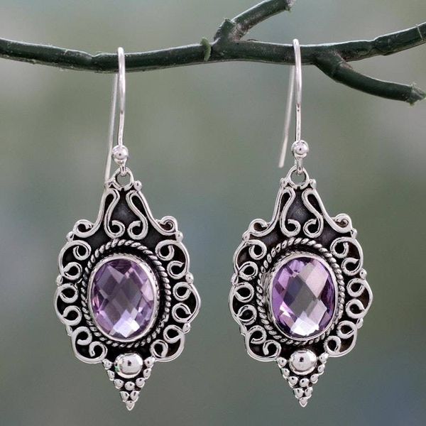 Alternate image for Four Carat Amethyst Dangle Earrings in Sterling Silver Baroque Lilac