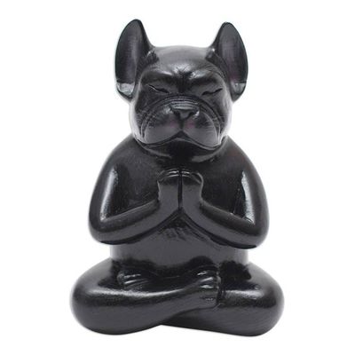 Alternate image for Hand-Carved Black Suar Wood French Bulldog Sculpture Gratitude at Night