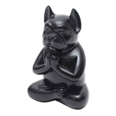 Alternate image for Hand-Carved Black Suar Wood French Bulldog Sculpture Gratitude at Night