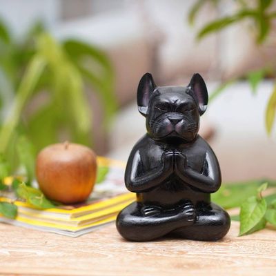 Alternate image for Hand-Carved Black Suar Wood French Bulldog Sculpture Gratitude at Night