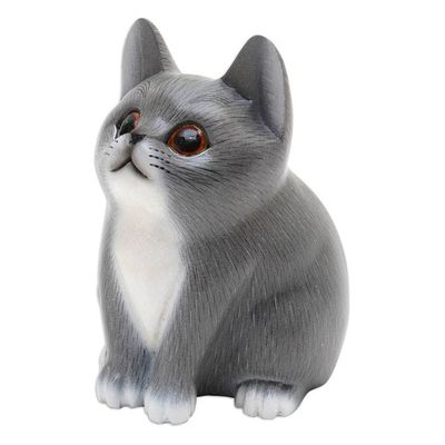 Alternate image for Handcrafted Kitten Suar Wood Figurine in Grey Hues Dreamy Kitten