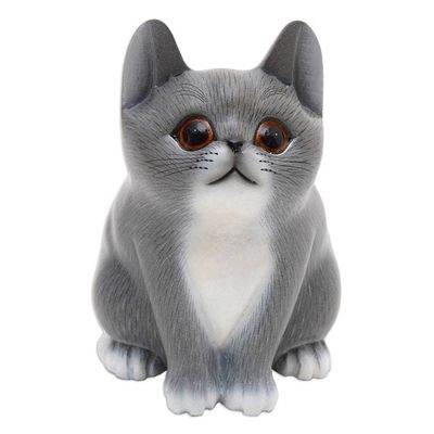 Alternate image for Handcrafted Kitten Suar Wood Figurine in Grey Hues Dreamy Kitten