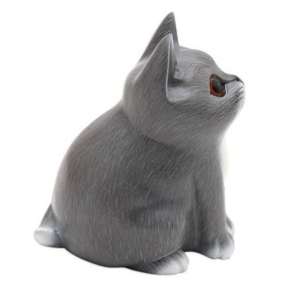 Alternate image for Handcrafted Kitten Suar Wood Figurine in Grey Hues Dreamy Kitten