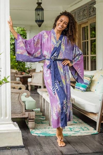 Alternate image for Hand-Stamped Purple and Navy Rayon Robe Lilac Star