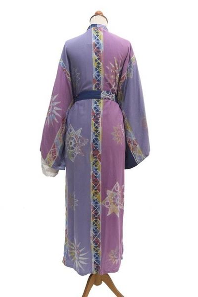 Alternate image for Hand-Stamped Purple and Navy Rayon Robe Lilac Star