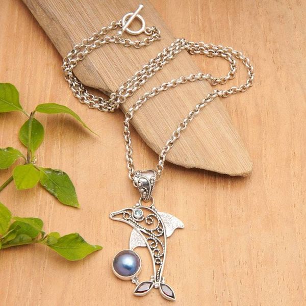 Alternate image for Garnet and pearl pendant necklace Dolphin Plays Ball
