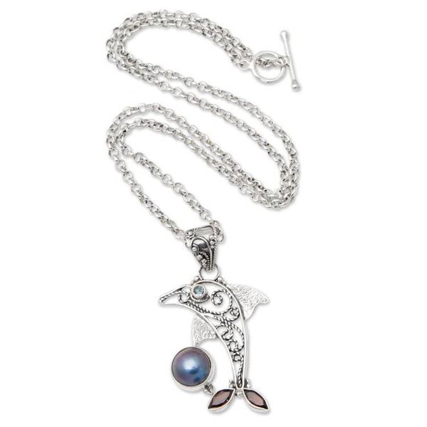 Alternate image for Garnet and pearl pendant necklace Dolphin Plays Ball