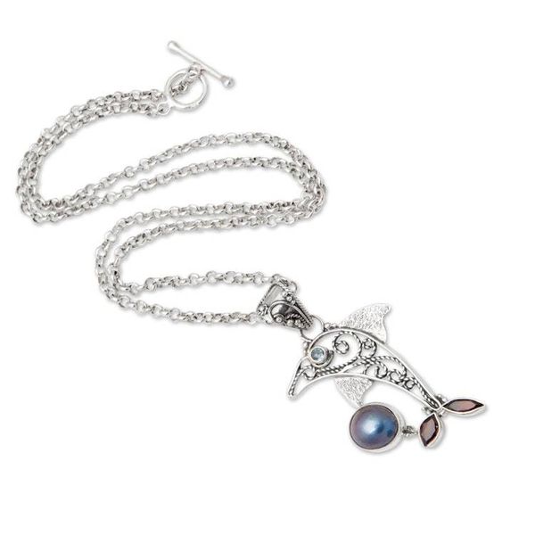 Alternate image for Garnet and pearl pendant necklace Dolphin Plays Ball