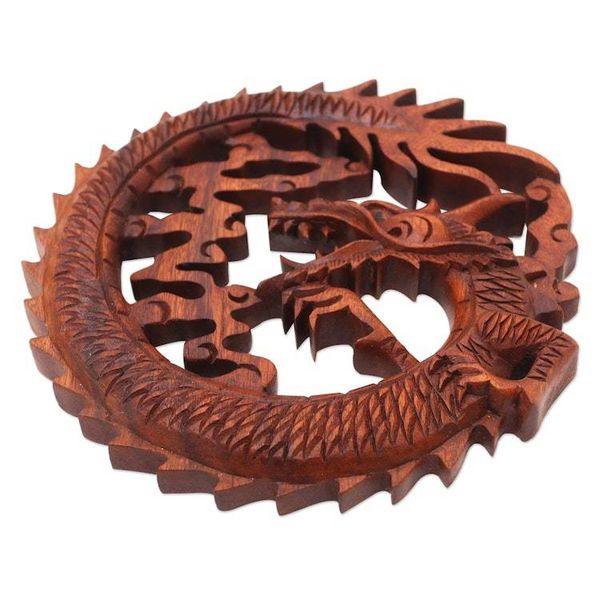 Alternate image for Hand Carved Balinese Dragon Suar Wood Wall Relief Panel Dragon in the Air