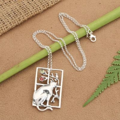 Alternate image for Cat-Inspired Natural Garnet and Peridot Pendant Necklace Feline Window