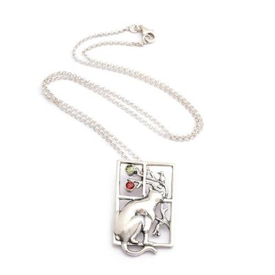Alternate image for Cat-Inspired Natural Garnet and Peridot Pendant Necklace Feline Window