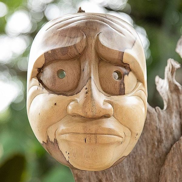 Alternate image for Hand-Carved Inspirational Hibiscus Wood Aged Man Mask Sad Grandpa