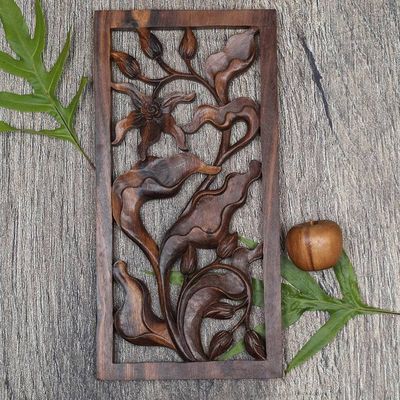 Alternate image for Hand Carved Orchid Relief Wall Panel Bali Orchid
