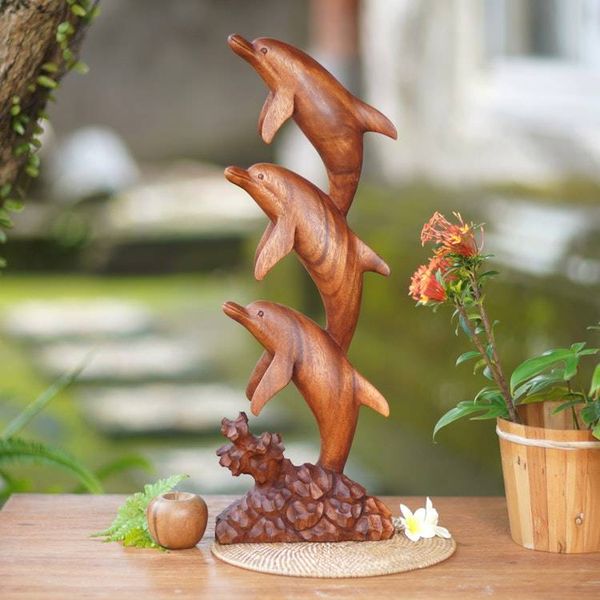 Alternate image for Three Dolphins Sculpture Hand Carved Wood Dolphin Dance