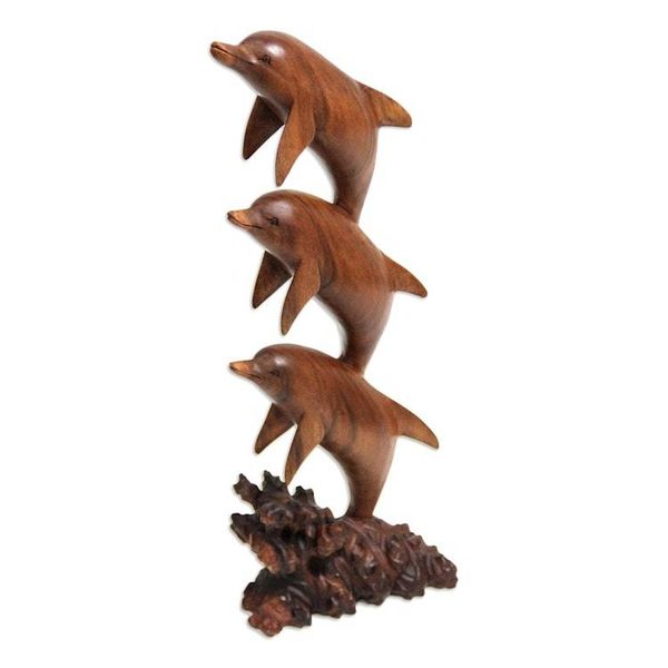 Alternate image for Three Dolphins Sculpture Hand Carved Wood Dolphin Dance