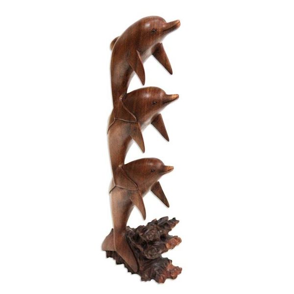 Alternate image for Three Dolphins Sculpture Hand Carved Wood Dolphin Dance