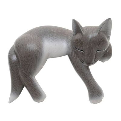 Alternate image for Hand Carved Suar Wood Cat Statuette Wood statuette, Lounging Cat