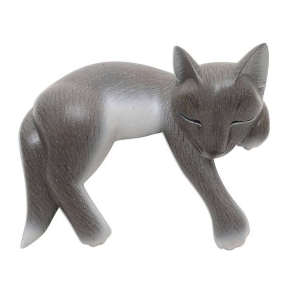 Alternate image for Hand Carved Suar Wood Cat Statuette Wood statuette, Lounging Cat