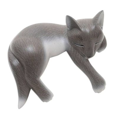Alternate image for Hand Carved Suar Wood Cat Statuette Wood statuette, Lounging Cat