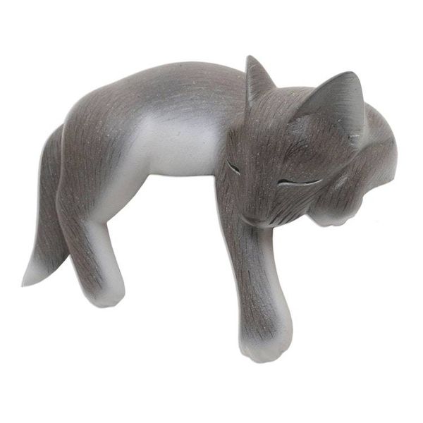 Alternate image for Hand Carved Suar Wood Cat Statuette Wood statuette, Lounging Cat