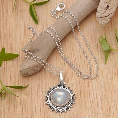 Alternate image for Sun-Themed Natural Rainbow Moonstone Pendant Necklace Sunday Moon