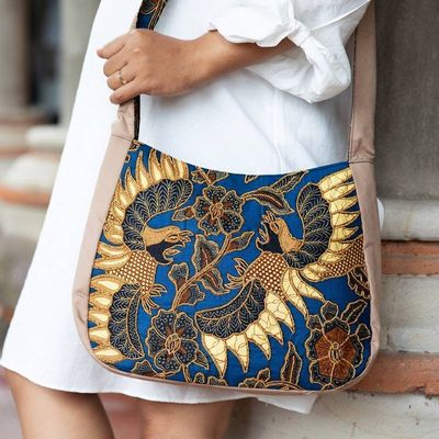 Alternate image for Traditional Beaded Cotton Batik Shoulder Bag in Blue Noble Sawunggaling