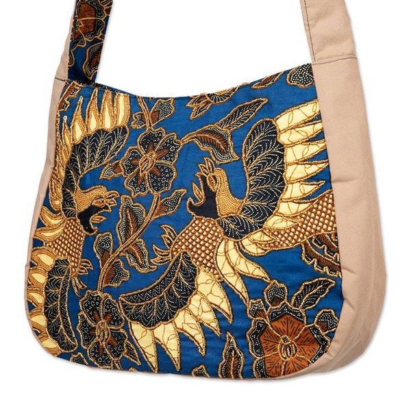 Alternate image for Traditional Beaded Cotton Batik Shoulder Bag in Blue Noble Sawunggaling