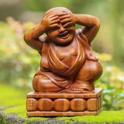 Alternate image for Artisan Made Suar Wood Buddha Sculpture See No Evil