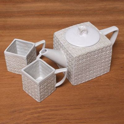 Alternate image for Textured Square White Ceramic Tea Set from Java White Kawung Wedang