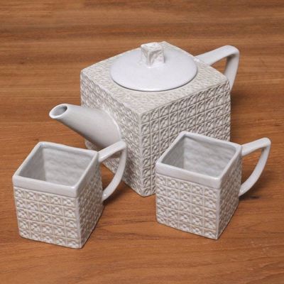 Alternate image for Textured Square White Ceramic Tea Set from Java White Kawung Wedang