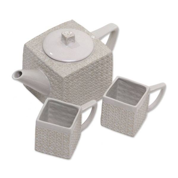 Alternate image for Textured Square White Ceramic Tea Set from Java White Kawung Wedang