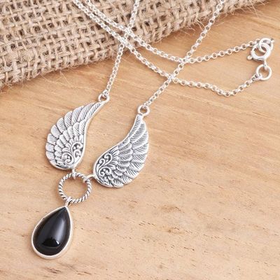 Alternate image for Black Onyx and Sterling Silver Wings Pendant Necklace Fanciful Flight