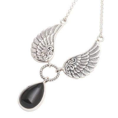 Alternate image for Black Onyx and Sterling Silver Wings Pendant Necklace Fanciful Flight