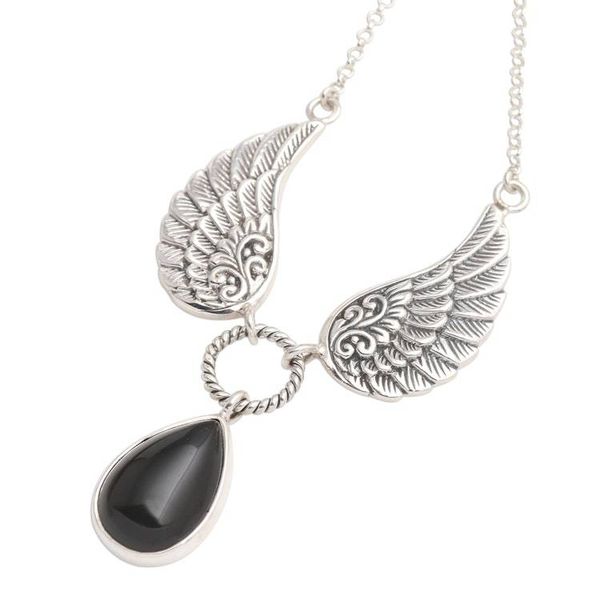 Alternate image for Black Onyx and Sterling Silver Wings Pendant Necklace Fanciful Flight