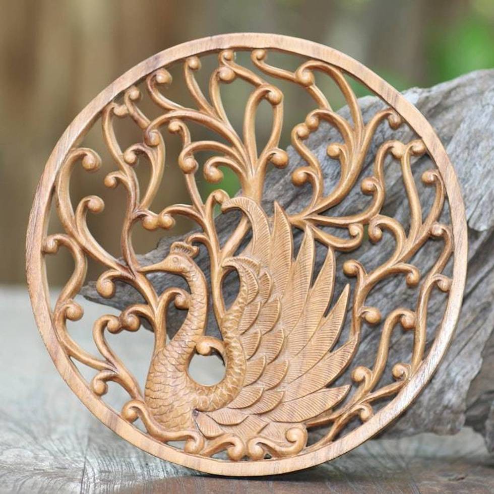 Hand Crafted Suar Wood Swan Relief Panel 'Goddess Swan'