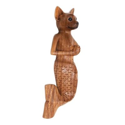 Alternate image for Suar Wood Mermaid Dog Wall Sculpture from Bali Mermaid Dog