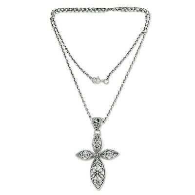 Alternate image for Handmade Javanese Style Silver Cross Necklace Kawung Rosette Cross