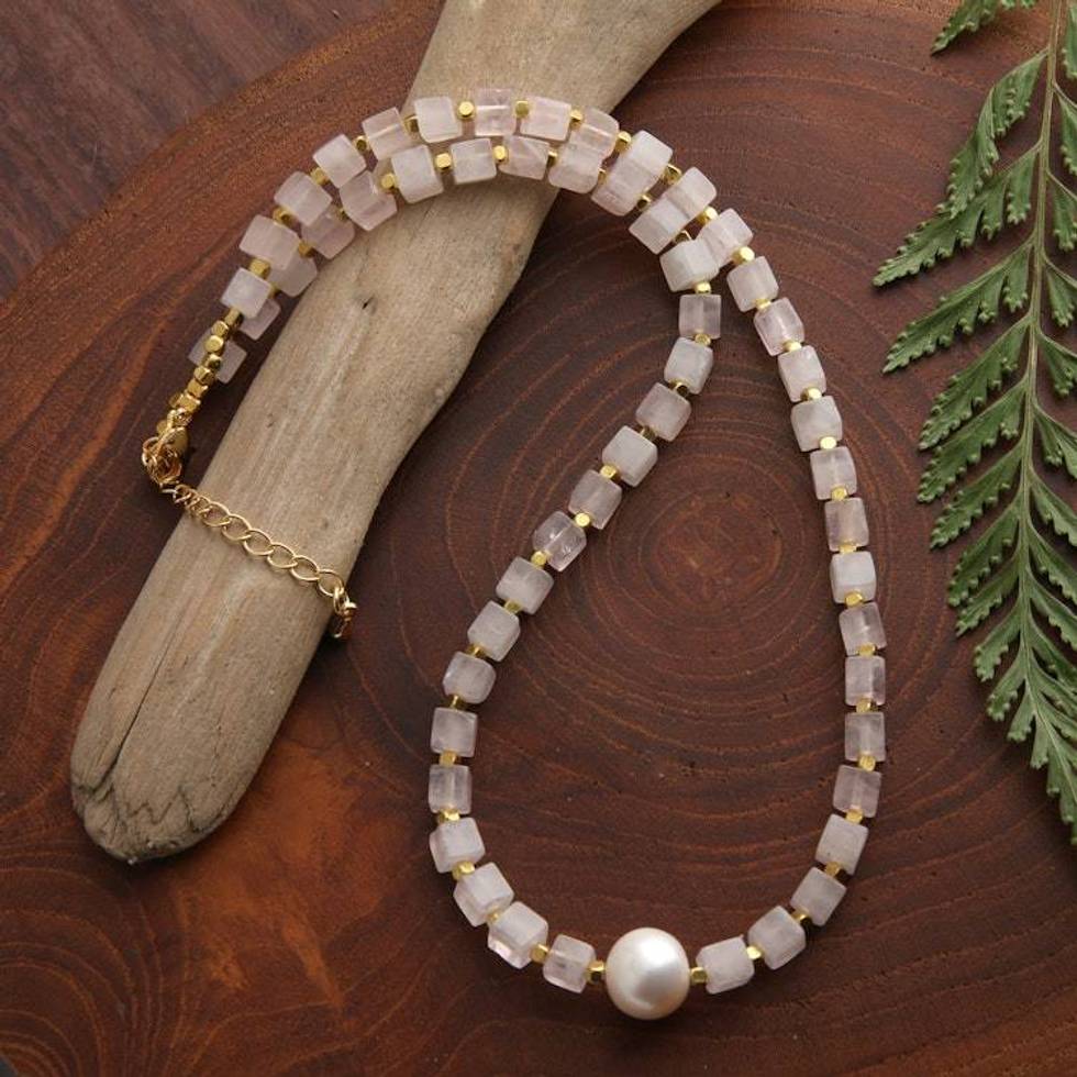 Gold-Accented Rose Quartz Cultured Pearl Pendant Necklace 'Strawberry Gin'