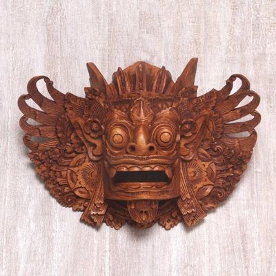 Alternate image for Hand Carved Wood Barong Mask Lion Wall Sculpture Lion Guardian Barong