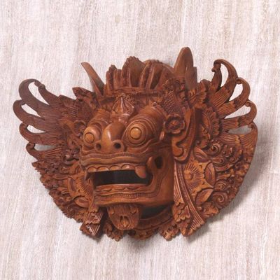 Alternate image for Hand Carved Wood Barong Mask Lion Wall Sculpture Lion Guardian Barong