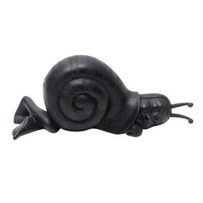 Alternate image for Hand-Carved Black Suar Wood Human-Like Snail Sculpture Tired Night Snail