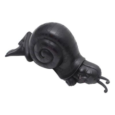 Alternate image for Hand-Carved Black Suar Wood Human-Like Snail Sculpture Tired Night Snail