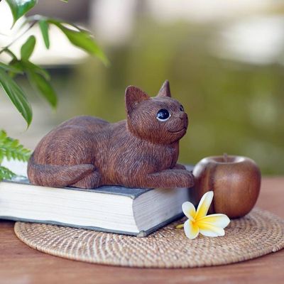 Alternate image for Charming Hand Carved Wood Sculpture of Long Haired Cat Long Haired Cat