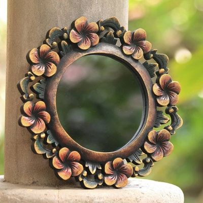 Primary image for Round Floral Wall Mirror Hand Carved from Wood Plumeria Garland