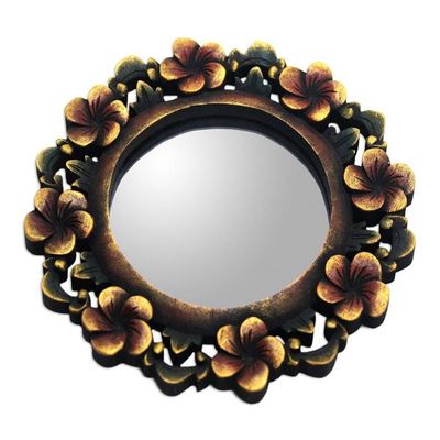 Alternate image for Round Floral Wall Mirror Hand Carved from Wood Plumeria Garland