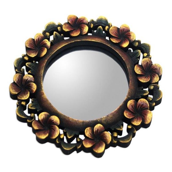 Alternate image for Round Floral Wall Mirror Hand Carved from Wood Plumeria Garland
