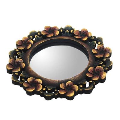 Alternate image for Round Floral Wall Mirror Hand Carved from Wood Plumeria Garland